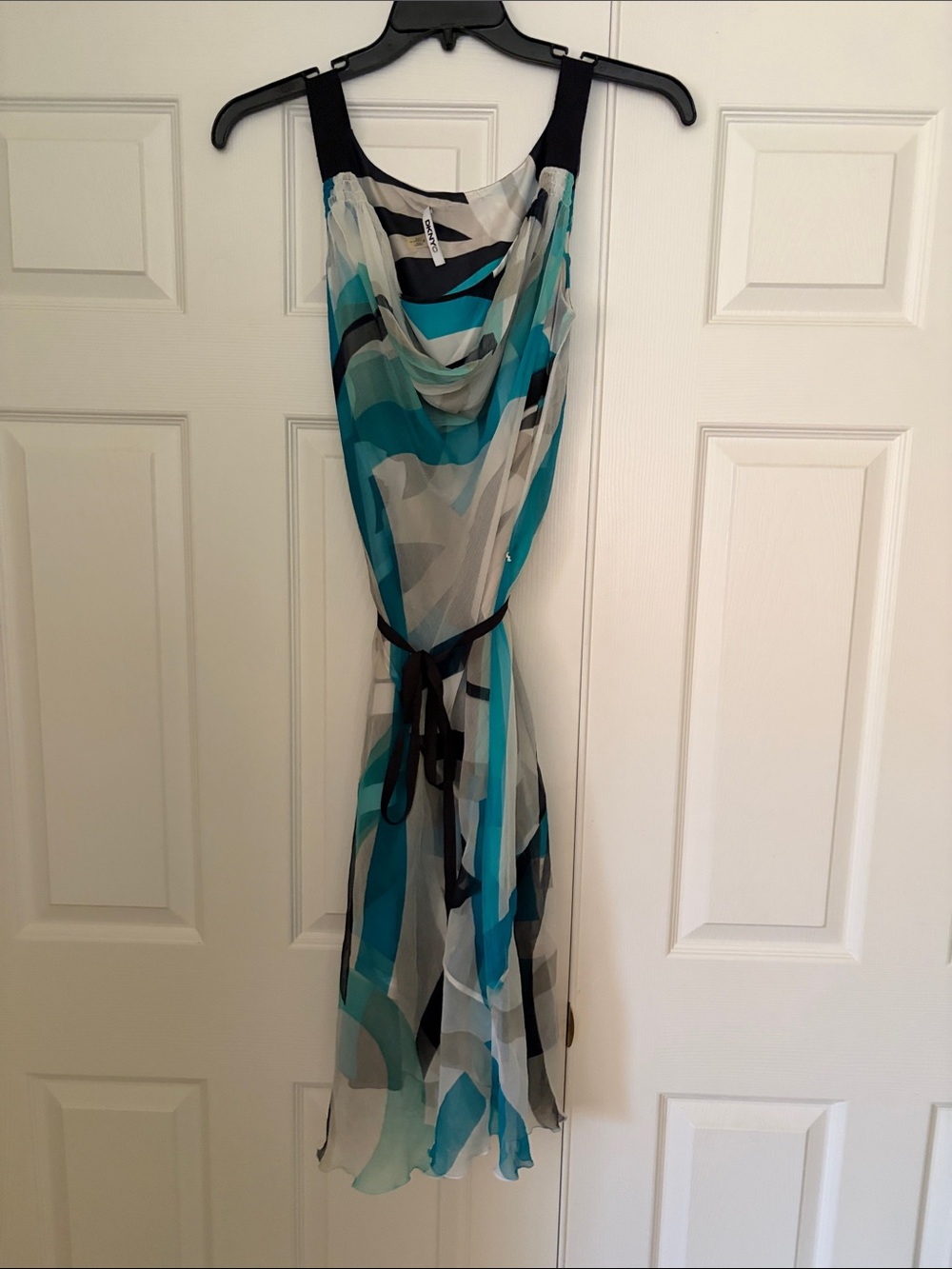 DKNYC Teal and Black Abstract Chiffon Dress with Belt new